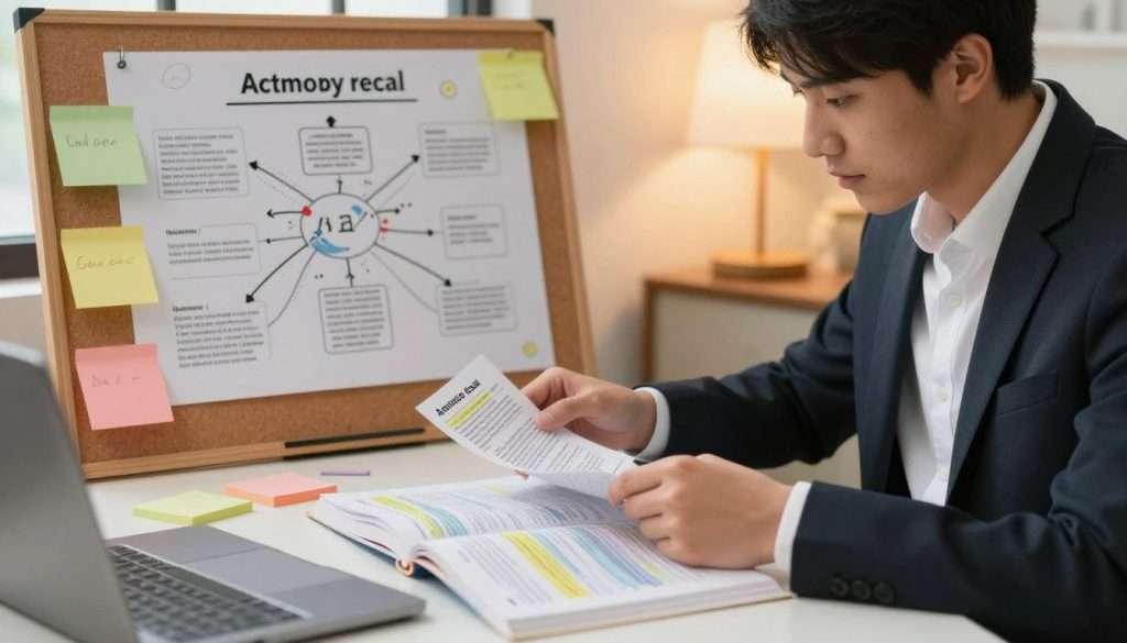 A focused study environment depicting a young adult in a neat, organized workspace. In the foreground, a person of Asian descent, dressed in professional business attire, is reviewing flashcards with intense concentration. They are surrounded by colorful sticky notes and an open textbook filled with highlighted sections. In the middle ground, a large corkboard displays mind maps and key concepts, emphasizing active recall techniques. In the background, warm, ambient lighting filters through a window, casting gentle shadows and creating a cozy yet focused atmosphere. The overall mood is one of determination and engagement, highlighting the concept of memory retention through active recall. The image should convey a sense of productivity and academic success, without any text or overlays. A focused study environment depicting a young adult in a neat, organized workspace. In the foreground, a person of Asian descent, dressed in professional business attire, is reviewing flashcards with intense concentration. They are surrounded by colorful sticky notes and an open textbook filled with highlighted sections. In the middle ground, a large corkboard displays mind maps and key concepts, emphasizing active recall techniques. In the background, warm, ambient lighting filters through a window, casting gentle shadows and creating a cozy yet focused atmosphere. The overall mood is one of determination and engagement, highlighting the concept of memory retention through active recall. The image should convey a sense of productivity and academic success, without any text or overlays.