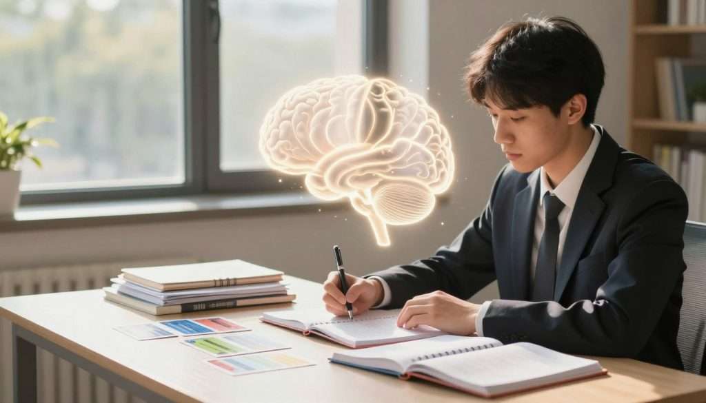 A focused study environment emphasizing enhanced memory recall. In the foreground, a diligent student in professional attire is seated at a modern desk, surrounded by neatly organized study materials, notebooks, and pens. In the middle ground, visual representations of the brain's neural pathways are illustrated in a soft glow, symbolizing active memory retrieval. The background features a large window with natural light streaming in, illuminating scattered flashcards and highlighted text, creating an inviting atmosphere for learning. Use a warm, soft focus to enhance the mood of concentration and clarity, while the lighting casts gentle shadows that add depth to the scene. The overall atmosphere conveys motivation and the pursuit of knowledge without any distractions. A focused study environment emphasizing enhanced memory recall. In the foreground, a diligent student in professional attire is seated at a modern desk, surrounded by neatly organized study materials, notebooks, and pens. In the middle ground, visual representations of the brain's neural pathways are illustrated in a soft glow, symbolizing active memory retrieval. The background features a large window with natural light streaming in, illuminating scattered flashcards and highlighted text, creating an inviting atmosphere for learning. Use a warm, soft focus to enhance the mood of concentration and clarity, while the lighting casts gentle shadows that add depth to the scene. The overall atmosphere conveys motivation and the pursuit of knowledge without any distractions.