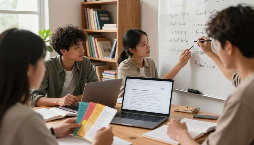 A focused study environment featuring a diverse group of four young adults engaged in retrieval practice techniques. In the foreground, one student is using colorful flashcards, while another is writing key concepts on a whiteboard. In the middle, a student is discussing their notes with a laptop open, showing search results on effective study methods. The background includes bookshelves filled with educational materials and a plant for a touch of nature. The lighting is warm and inviting, with soft natural light filtering through a nearby window. The atmosphere is collaborative and motivational, emphasizing an engaging study session that reflects various subjects and the process of active recall.