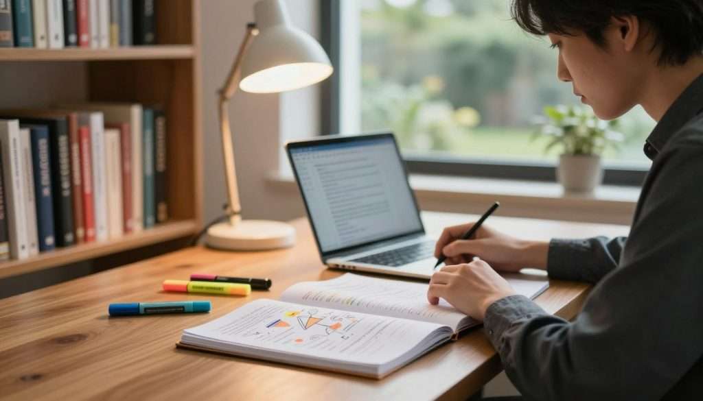 A focused study environment featuring a young adult in professional attire, deeply engaged in learning at a sleek wooden desk. In the foreground, a large open notebook is filled with colorful diagrams and neatly organized notes, with highlighters and a laptop displaying educational content. In the middle ground, a bookshelf stocked with academic texts and self-help books adds depth, illuminated by a soft desk lamp casting a warm glow. The background shows a window with a view of a serene garden, allowing natural light to enhance the tranquil atmosphere. Shot with a shallow depth of field to create a bokeh effect, this scene exudes a sense of concentration and productivity, perfect for illustrating active learning techniques during deep work sessions.