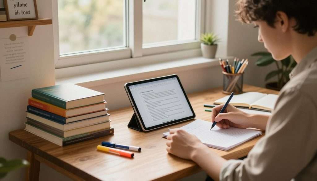 A focused study environment showcasing an organized wooden desk with a stack of colorful books and a digital tablet displaying study material. In the foreground, place a young adult in smart casual attire, deeply engaged with notes, surrounded by scattered stationery, and highlighters. The middle background features a large window letting in warm, natural light, illuminating the space and creating a calm atmosphere. On the wall behind, a shelf with motivational quotes and a small plant adds a refreshing touch. The image should convey a sense of concentration and productivity, emphasizing cognitive enhancement strategies in a cozy, inviting workspace. Utilize soft focus for a warm, inspiring mood, captured from a slightly elevated angle to offer a comprehensive view of the study setup. A focused study environment showcasing an organized wooden desk with a stack of colorful books and a digital tablet displaying study material. In the foreground, place a young adult in smart casual attire, deeply engaged with notes, surrounded by scattered stationery, and highlighters. The middle background features a large window letting in warm, natural light, illuminating the space and creating a calm atmosphere. On the wall behind, a shelf with motivational quotes and a small plant adds a refreshing touch. The image should convey a sense of concentration and productivity, emphasizing cognitive enhancement strategies in a cozy, inviting workspace. Utilize soft focus for a warm, inspiring mood, captured from a slightly elevated angle to offer a comprehensive view of the study setup.