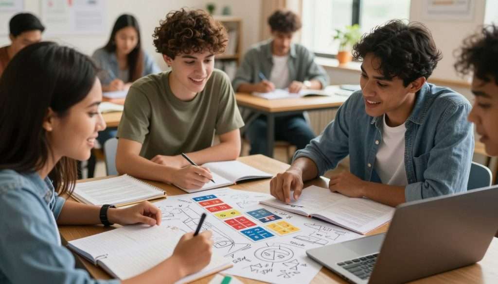 A focused study scene depicting a diverse group of young adults engaged in active recall. In the foreground, a pair of students, one with a notepad and the other with a laptop, are intensely discussing concepts with bright expressions of understanding. In the middle ground, a table holds various flashcards and study materials, with sketch notes scattered around, illustrating the process of recalling information visually. The background features a cozy study room with warm lighting streaming through a window, creating an inviting atmosphere. The overall mood is vibrant and energized, emphasizing collaboration and engagement in learning. The scene is captured at eye-level to draw the viewer into the activity. A focused study scene depicting a diverse group of young adults engaged in active recall. In the foreground, a pair of students, one with a notepad and the other with a laptop, are intensely discussing concepts with bright expressions of understanding. In the middle ground, a table holds various flashcards and study materials, with sketch notes scattered around, illustrating the process of recalling information visually. The background features a cozy study room with warm lighting streaming through a window, creating an inviting atmosphere. The overall mood is vibrant and energized, emphasizing collaboration and engagement in learning. The scene is captured at eye-level to draw the viewer into the activity.