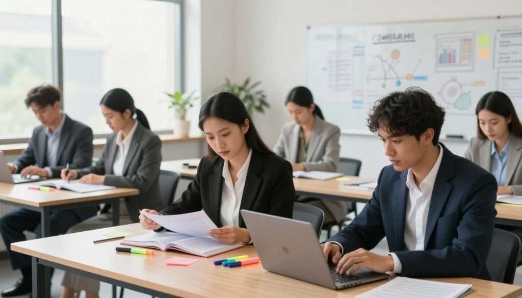 A focused study scene in a well-lit modern workspace, showcasing a diverse group of individuals in professional business attire deeply engaged in studying difficult subjects. In the foreground, a woman examines notes and textbooks, surrounded by colorful highlighters and sticky notes, while a man types on a laptop. The middle layer features a whiteboard filled with complex diagrams and study techniques, emphasizing effective methods. In the background, large windows let in natural light, creating a bright and inspiring atmosphere. The mood is collaborative and determined, with soft workshop lighting that highlights the concentration and productivity of the study session. The overall composition emphasizes effectiveness in learning. A focused study scene in a well-lit modern workspace, showcasing a diverse group of individuals in professional business attire deeply engaged in studying difficult subjects. In the foreground, a woman examines notes and textbooks, surrounded by colorful highlighters and sticky notes, while a man types on a laptop. The middle layer features a whiteboard filled with complex diagrams and study techniques, emphasizing effective methods. In the background, large windows let in natural light, creating a bright and inspiring atmosphere. The mood is collaborative and determined, with soft workshop lighting that highlights the concentration and productivity of the study session. The overall composition emphasizes effectiveness in learning.
