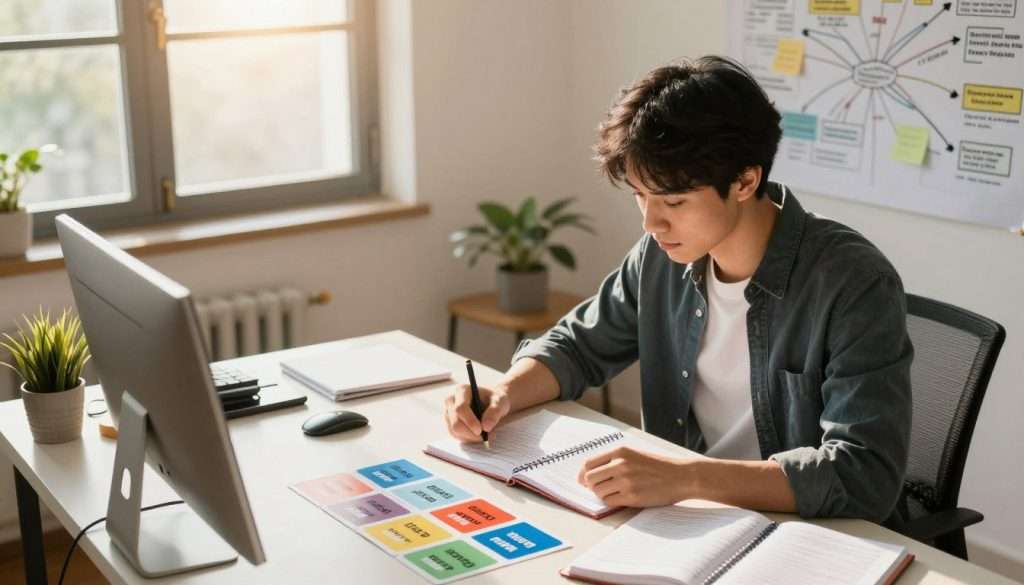 A focused study scene showcasing a young professional in a cozy home office, engaged in active recall. In the foreground, the individual, dressed in smart casual attire, sits at a desk filled with colorful flashcards and notebooks, actively reviewing materials. The middle ground features a wall covered with mind maps and post-it notes, echoing a system of organized knowledge. In the background, a large window lets in warm, natural light, illuminating the space and creating an inviting atmosphere. Soft shadows enhance depth, and the angle is slightly above the desk, giving a bird's eye view of their study process. The overall mood conveys concentration and a proactive learning environment, emphasizing the importance of integrating active recall into daily life. A focused study scene showcasing a young professional in a cozy home office, engaged in active recall. In the foreground, the individual, dressed in smart casual attire, sits at a desk filled with colorful flashcards and notebooks, actively reviewing materials. The middle ground features a wall covered with mind maps and post-it notes, echoing a system of organized knowledge. In the background, a large window lets in warm, natural light, illuminating the space and creating an inviting atmosphere. Soft shadows enhance depth, and the angle is slightly above the desk, giving a bird's eye view of their study process. The overall mood conveys concentration and a proactive learning environment, emphasizing the importance of integrating active recall into daily life.