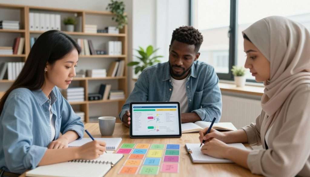 A focused workspace illustrating the integration of active recall with spaced repetition techniques. In the foreground, a diverse group of three professionals, a woman of Asian descent, a Black man, and a Middle-Eastern woman, are deeply engaged in a collaborative study session, surrounded by colorful flashcards and notebooks. In the middle, a wooden table displays a digital tablet showing spaced repetition intervals alongside visual diagrams illustrating active recall strategies. The background features a bright, well-lit modern office with bookshelves filled with educational resources, large windows letting in soft natural light, and potted plants adding a touch of greenery. The atmosphere is one of focus and productivity, encouraging learning and collaboration. The angle captures the teamwork and intellectual engagement of the individuals in a dynamic and inspiring environment.
