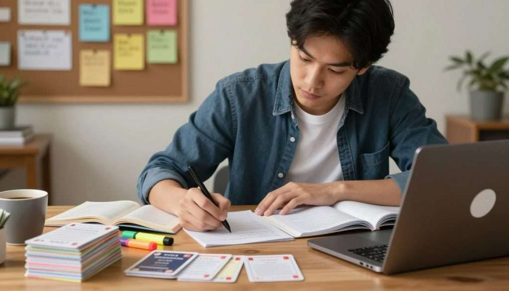 A focused young adult sits at a wooden desk, surrounded by study materials and textbooks, wearing smart casual clothing. Their expression is one of concentration, as they write notes and solve problems on a lined paper under warm, soft lighting. In the foreground, a neatly organized stack of flashcards lies next to a laptop displaying a countdown timer, symbolizing exam conditions. The middle ground features an open textbook, vibrant highlighters, and a cup of coffee, hinting at a long study session. In the background, a bulletin board adorned with motivational quotes and reminders adds a sense of inspiration and diligence. The atmosphere is calm yet determined, capturing the essence of exam preparation and success. A focused young adult sits at a wooden desk, surrounded by study materials and textbooks, wearing smart casual clothing. Their expression is one of concentration, as they write notes and solve problems on a lined paper under warm, soft lighting. In the foreground, a neatly organized stack of flashcards lies next to a laptop displaying a countdown timer, symbolizing exam conditions. The middle ground features an open textbook, vibrant highlighters, and a cup of coffee, hinting at a long study session. In the background, a bulletin board adorned with motivational quotes and reminders adds a sense of inspiration and diligence. The atmosphere is calm yet determined, capturing the essence of exam preparation and success.