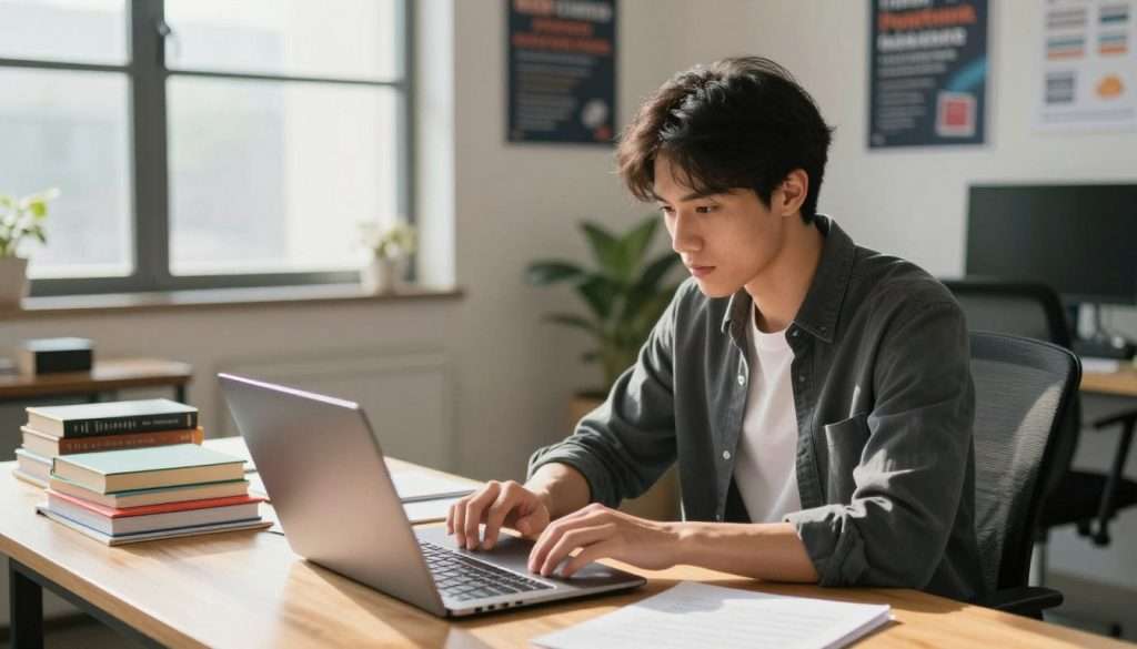 A focused young professional engaged in deliberate practice in a modern, well-lit workspace. In the foreground, the individual, dressed in smart casual attire, is seated at a wooden desk, deeply concentrating on a skill-building activity, like coding or playing an instrument. In the middle ground, an array of colorful study materials—books, notes, and a laptop—create an organized and inspiring atmosphere. The background showcases a large window with natural light streaming in, illuminating the space and reflecting a motivational poster on the wall about mastering new skills. The overall mood is one of determination and growth, with soft, warm lighting casting gentle shadows that enhance the feeling of a productive environment. The angle is slightly elevated, giving a clear view of the subject’s focused expression and the surrounding materials. A focused young professional engaged in deliberate practice in a modern, well-lit workspace. In the foreground, the individual, dressed in smart casual attire, is seated at a wooden desk, deeply concentrating on a skill-building activity, like coding or playing an instrument. In the middle ground, an array of colorful study materials—books, notes, and a laptop—create an organized and inspiring atmosphere. The background showcases a large window with natural light streaming in, illuminating the space and reflecting a motivational poster on the wall about mastering new skills. The overall mood is one of determination and growth, with soft, warm lighting casting gentle shadows that enhance the feeling of a productive environment. The angle is slightly elevated, giving a clear view of the subject’s focused expression and the surrounding materials.
