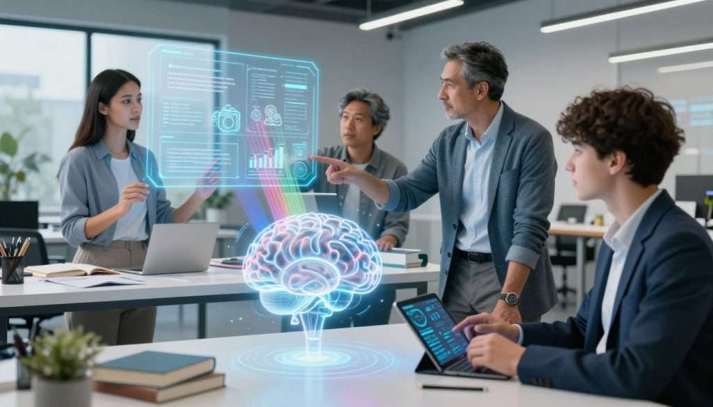 A modern and dynamic learning environment featuring a diverse group of three individuals: a young woman and a middle-aged man engaging with a holographic AI interface displaying various study materials, and a teenager analyzing data on a tablet. In the foreground, a glowing, translucent AI brain symbolizing intelligence and insight, projecting colorful light beams towards them. The middle layer shows a bright, well-lit study space with futuristic educational tools, books, and notes scattered around. The background hints at a serene outdoor scene through large windows, promoting a calm learning atmosphere. Soft, cool lighting enhances the intellectual mood, and a wide-angle perspective captures the collaborative effort in mastering prompt engineering. The people are dressed in professional business attire, emphasizing a productive and focused setting. A modern and dynamic learning environment featuring a diverse group of three individuals: a young woman and a middle-aged man engaging with a holographic AI interface displaying various study materials, and a teenager analyzing data on a tablet. In the foreground, a glowing, translucent AI brain symbolizing intelligence and insight, projecting colorful light beams towards them. The middle layer shows a bright, well-lit study space with futuristic educational tools, books, and notes scattered around. The background hints at a serene outdoor scene through large windows, promoting a calm learning atmosphere. Soft, cool lighting enhances the intellectual mood, and a wide-angle perspective captures the collaborative effort in mastering prompt engineering. The people are dressed in professional business attire, emphasizing a productive and focused setting.