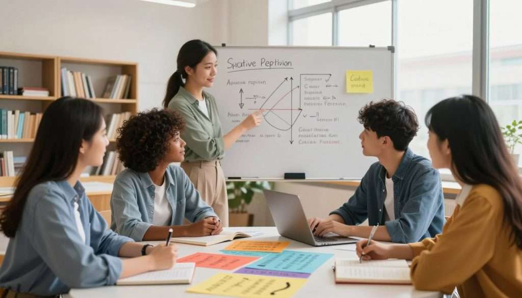 A modern, bright classroom filled with students deeply engaged in collaborative learning activities. In the foreground, a diverse group of four students of varying ethnicities, all dressed in smart casual attire, are gathered around a table featuring colorful posters and textbooks related to cognitive psychology and accelerated learning techniques. The middle ground showcases a whiteboard filled with diagrams illustrating concepts such as spaced repetition and active recall, enhancing the atmosphere of academic mastery. The background reveals shelves lined with educational resources and a large window allowing natural light to flood the room, creating an inspiring and energetic mood. The scene is captured with a soft focus, emphasizing the teamwork and dynamic exchange of ideas, evoking a sense of motivation and discovery. The overall lighting is warm and inviting, highlighting the vibrant colors of the learning materials.
