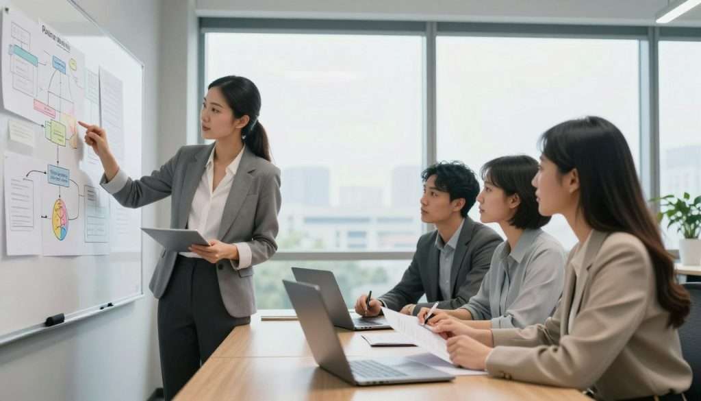 A modern office setting focused on problem-solving skills, with a diverse group of three professionals engaged in a collaborative brainstorming session. In the foreground, a woman in business attire is pointing at a whiteboard filled with colorful diagrams and flowcharts, showcasing strategies and solutions. In the middle, a man and a woman are seated at a stylish conference table, analyzing documents and using a laptop, while a large window in the background lets in natural light, creating a bright atmosphere. The ambient lighting is soft yet focused, highlighting their concentration and teamwork. The overall mood is dynamic and inspiring, emphasizing creativity and collaboration in enhancing problem-solving skills. A modern office setting focused on problem-solving skills, with a diverse group of three professionals engaged in a collaborative brainstorming session. In the foreground, a woman in business attire is pointing at a whiteboard filled with colorful diagrams and flowcharts, showcasing strategies and solutions. In the middle, a man and a woman are seated at a stylish conference table, analyzing documents and using a laptop, while a large window in the background lets in natural light, creating a bright atmosphere. The ambient lighting is soft yet focused, highlighting their concentration and teamwork. The overall mood is dynamic and inspiring, emphasizing creativity and collaboration in enhancing problem-solving skills.
