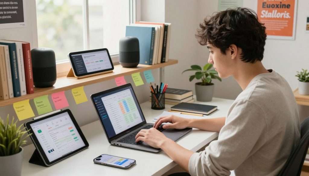 A modern study space filled with tools for productivity. In the foreground, a student wearing casual, modest attire sits at a sleek desk, focused on a laptop with study apps open. Surrounding them are colorful sticky notes, a digital tablet displaying a productivity tracking app, and a smartphone with educational reminders. The middle ground features shelves organized with books and tech gadgets like smart speakers and a digital planner. In the background, a bright window lets in natural light, illuminating the space, while motivational posters adorn the walls. The atmosphere is inspiring and energetic, conveying a sense of focus and technological advancement that fosters academic success. The lighting is soft yet vibrant, creating an inviting and conducive studying environment. A modern study space filled with tools for productivity. In the foreground, a student wearing casual, modest attire sits at a sleek desk, focused on a laptop with study apps open. Surrounding them are colorful sticky notes, a digital tablet displaying a productivity tracking app, and a smartphone with educational reminders. The middle ground features shelves organized with books and tech gadgets like smart speakers and a digital planner. In the background, a bright window lets in natural light, illuminating the space, while motivational posters adorn the walls. The atmosphere is inspiring and energetic, conveying a sense of focus and technological advancement that fosters academic success. The lighting is soft yet vibrant, creating an inviting and conducive studying environment.