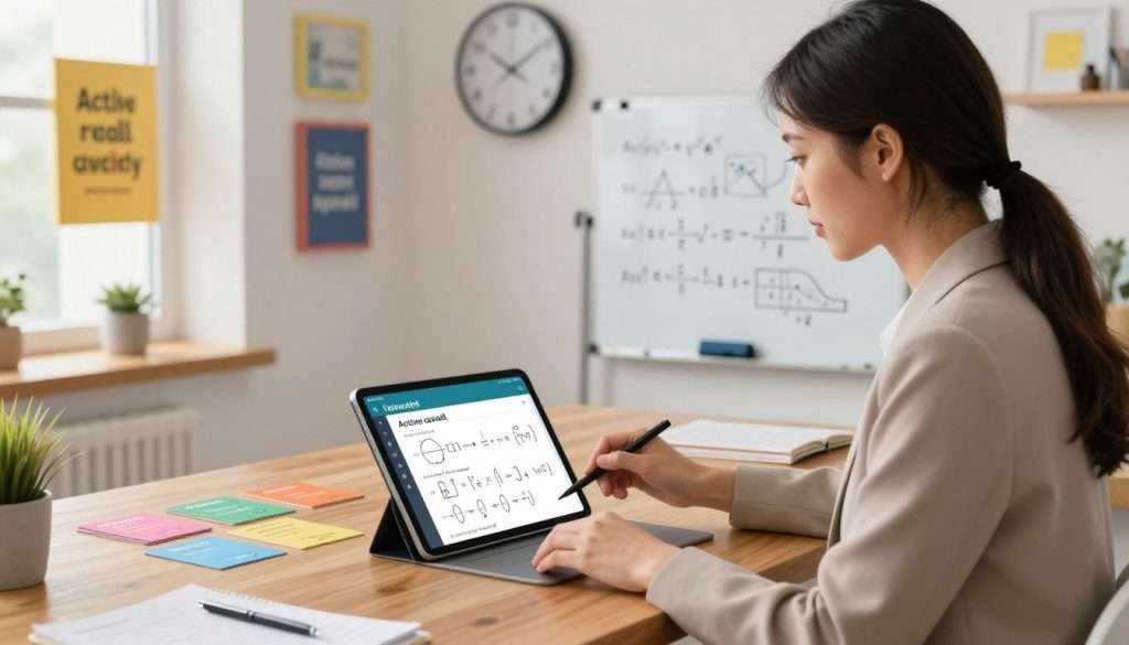 A modern study space with a young professional woman in professional attire, sitting at a sleek wooden desk surrounded by organized study materials, including colorful flashcards and a small whiteboard filled with mathematical formulas and diagrams. In the foreground, there's a digital tablet displaying an interactive study app demonstrating active recall techniques. The middle ground features a wall clock emphasizing time management, while motivational quotes about learning are displayed in vibrant frames. In the background, a window lets in soft, natural light, creating a warm and inviting atmosphere. The camera angle is slightly elevated, capturing an inspiring and focused mood, ideal for illustrating effective math learning techniques like active recall and spaced repetition. A modern study space with a young professional woman in professional attire, sitting at a sleek wooden desk surrounded by organized study materials, including colorful flashcards and a small whiteboard filled with mathematical formulas and diagrams. In the foreground, there's a digital tablet displaying an interactive study app demonstrating active recall techniques. The middle ground features a wall clock emphasizing time management, while motivational quotes about learning are displayed in vibrant frames. In the background, a window lets in soft, natural light, creating a warm and inviting atmosphere. The camera angle is slightly elevated, capturing an inspiring and focused mood, ideal for illustrating effective math learning techniques like active recall and spaced repetition.