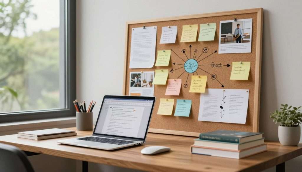 A modern workspace depicting an organized personal knowledge management system. In the foreground, a sleek wooden desk with an open laptop displaying notes, colorful sticky notes for ideas, and neatly stacked books. In the middle, a corkboard filled with organized notes, diagrams, and images, showcasing a mind map of knowledge connections. In the background, a large window allowing natural light to illuminate the space, with a view of green trees outside. The atmosphere feels calm and inspiring, with soft ambient lighting. The photo is taken from a slight angle to create depth, focusing on the desk and corkboard while capturing the inviting workspace vibe. A modern workspace depicting an organized personal knowledge management system. In the foreground, a sleek wooden desk with an open laptop displaying notes, colorful sticky notes for ideas, and neatly stacked books. In the middle, a corkboard filled with organized notes, diagrams, and images, showcasing a mind map of knowledge connections. In the background, a large window allowing natural light to illuminate the space, with a view of green trees outside. The atmosphere feels calm and inspiring, with soft ambient lighting. The photo is taken from a slight angle to create depth, focusing on the desk and corkboard while capturing the inviting workspace vibe.