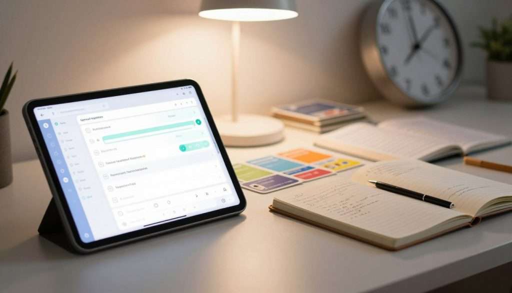A modern workspace divided into two contrasting sections. In the foreground, a sleek digital interface displaying a spaced repetition scheduling app on a tablet, with icons for reminders and progress tracking visible. The middle ground features an open notebook with handwritten notes and colorful flashcards scattered around, showcasing traditional analog methods. A desk lamp casts soft, warm lighting over these items, creating a cozy atmosphere. In the background, a blurred out wall clock symbolizes time management. The overall mood is one of productivity and learning, with a blend of technology and timeless study techniques. The scene is artistically arranged to highlight the interplay between digital tools and analog methods in education.