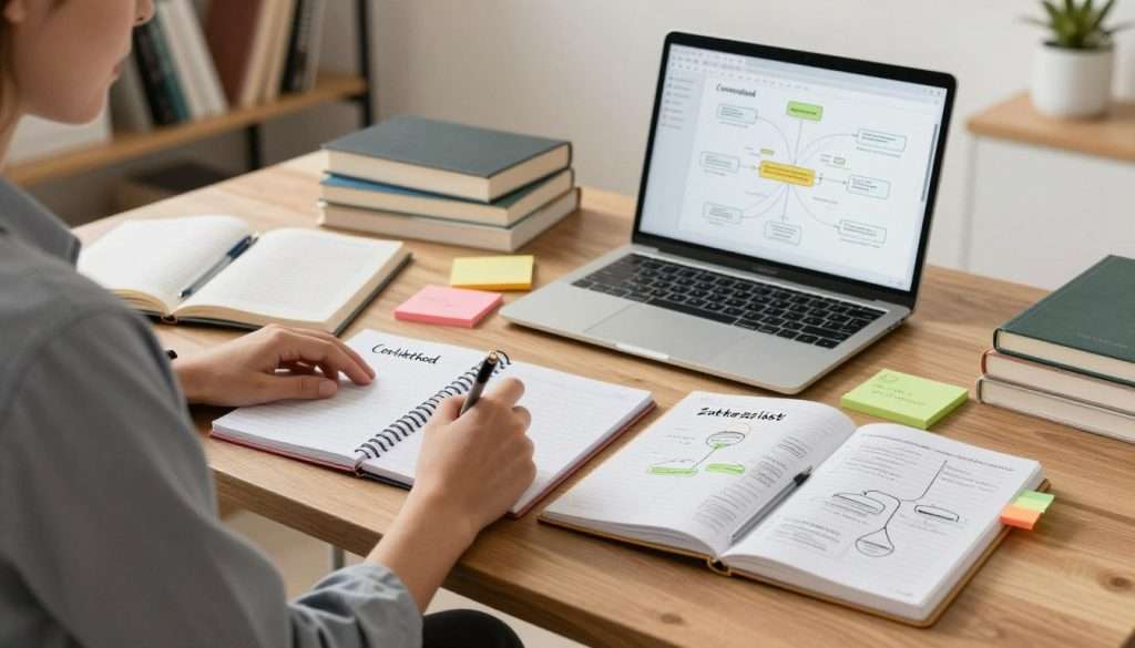 A modern workspace scene focusing on effective note-taking strategies, depicting a neatly organized wooden desk with notebooks showcasing the Cornell method, mind maps, and Zettelkasten diagrams. In the foreground, a professional-looking individual in business casual attire is intently writing in a notebook, surrounded by colorful sticky notes and various pens. In the middle, a laptop displays a mind map on the screen, while textbooks are stacked nearby, indicating research and study. The background features a soft-lit bookshelf filled with books on productivity and learning. Natural light floods the room, creating a warm and inviting atmosphere, inspiring focus and creativity in overcoming common note-taking challenges.