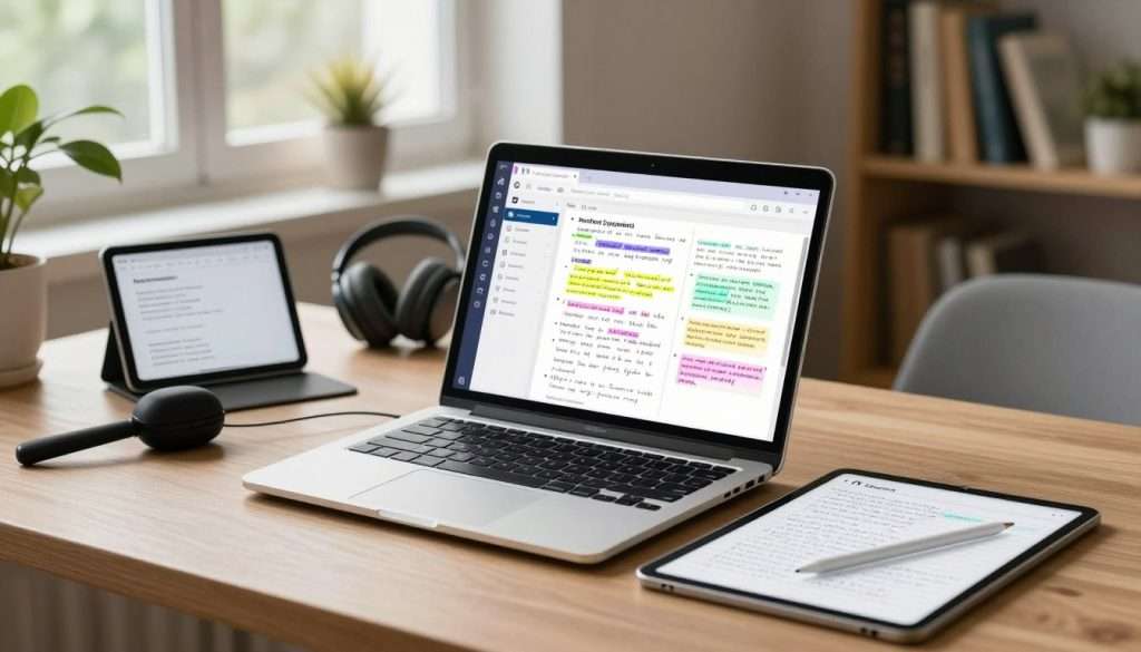 A modern workspace showcasing digital note-taking tools in action. In the foreground, a sleek laptop displays a vibrant, interactive note-taking app filled with colorful annotations and sketches. Beside the laptop, a tablet lies open with a stylus resting on its screen, highlighting the ease of handwritten notes digitally. The middle ground features an organized desk adorned with smart accessories like a digital planner and wireless headphones, emphasizing productivity. In the background, soft natural light pours through a window, illuminating a cozy study space filled with books and plants. The atmosphere is focused and calm, ideal for studying, inviting college students to explore the benefits of digital note-taking.