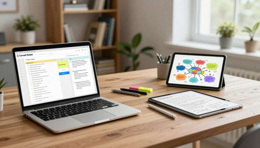 A modern workspace showcasing digital tools for Cornell Notes and mind maps. In the foreground, a sleek laptop displays a colorful Cornell Notes template on one side and a vibrant mind map illustration on the other, both well-organized. Nearby, a tablet and stylus are ready for digital writing, with handwritten notes and doodles displayed on the tablet screen. In the middle, there's a wooden desk adorned with minimalist stationery, like pens and highlighters. The background features a softly-lit room with a bookshelf filled with educational resources, plants for a touch of nature, and a large window allowing natural light to pour in. The atmosphere is calm and focused, ideal for effective note-taking. Use soft shadows and a 35mm lens perspective for depth. A modern workspace showcasing digital tools for Cornell Notes and mind maps. In the foreground, a sleek laptop displays a colorful Cornell Notes template on one side and a vibrant mind map illustration on the other, both well-organized. Nearby, a tablet and stylus are ready for digital writing, with handwritten notes and doodles displayed on the tablet screen. In the middle, there's a wooden desk adorned with minimalist stationery, like pens and highlighters. The background features a softly-lit room with a bookshelf filled with educational resources, plants for a touch of nature, and a large window allowing natural light to pour in. The atmosphere is calm and focused, ideal for effective note-taking. Use soft shadows and a 35mm lens perspective for depth.
