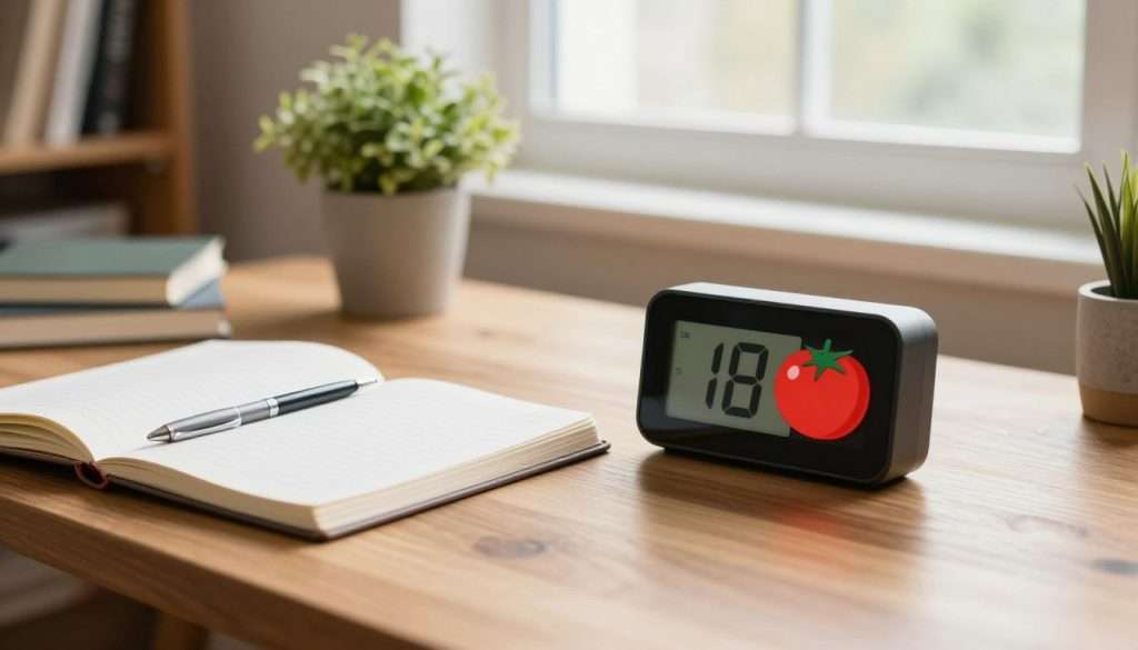 A motivating study environment showcasing the Pomodoro Technique. In the foreground, a polished wooden desk adorned with a sleek, digital timer and a vibrant, red tomato symbolizing focus and productivity. To the left, an open notebook filled with neatly organized notes and a pen, suggesting active engagement. In the middle ground, a window allowing soft, natural light to filter in, illuminating the scene and enhancing the atmosphere of calm concentration. A potted plant adds a touch of greenery, promoting a healthy workspace. In the background, a bookshelf filled with various study materials, reinforcing a sense of scholarly dedication. The overall mood is serene yet productive, capturing the essence of effective time management. The composition is shot from a slightly elevated angle to offer a clear view of the desk and its elements. A motivating study environment showcasing the Pomodoro Technique. In the foreground, a polished wooden desk adorned with a sleek, digital timer and a vibrant, red tomato symbolizing focus and productivity. To the left, an open notebook filled with neatly organized notes and a pen, suggesting active engagement. In the middle ground, a window allowing soft, natural light to filter in, illuminating the scene and enhancing the atmosphere of calm concentration. A potted plant adds a touch of greenery, promoting a healthy workspace. In the background, a bookshelf filled with various study materials, reinforcing a sense of scholarly dedication. The overall mood is serene yet productive, capturing the essence of effective time management. The composition is shot from a slightly elevated angle to offer a clear view of the desk and its elements.