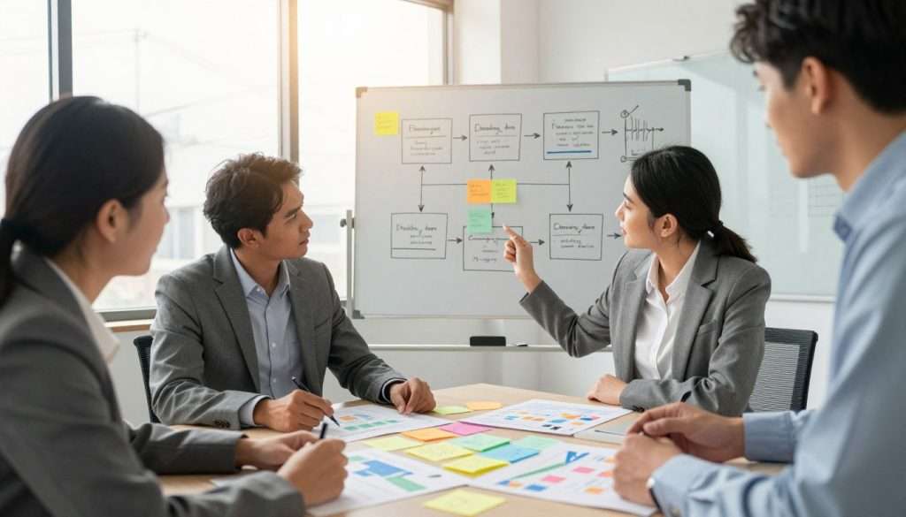 A professional workspace illustrating problem-solving strategies. In the foreground, a diverse group of four individuals in business attire, engaged in a brainstorming session, examining colorful charts and sticky notes spread across a conference table. In the middle, a whiteboard filled with diagrams and bullet points showing a breakdown of a complex problem into manageable parts. In the background, large windows allow warm, natural light to pour in, creating a bright and inviting atmosphere. The lens captures a slightly elevated angle, showcasing both the focused expressions of the participants and the detailed notes on the table. The mood is collaborative and energetic, emphasizing teamwork and critical thinking in the pursuit of solutions. A professional workspace illustrating problem-solving strategies. In the foreground, a diverse group of four individuals in business attire, engaged in a brainstorming session, examining colorful charts and sticky notes spread across a conference table. In the middle, a whiteboard filled with diagrams and bullet points showing a breakdown of a complex problem into manageable parts. In the background, large windows allow warm, natural light to pour in, creating a bright and inviting atmosphere. The lens captures a slightly elevated angle, showcasing both the focused expressions of the participants and the detailed notes on the table. The mood is collaborative and energetic, emphasizing teamwork and critical thinking in the pursuit of solutions.