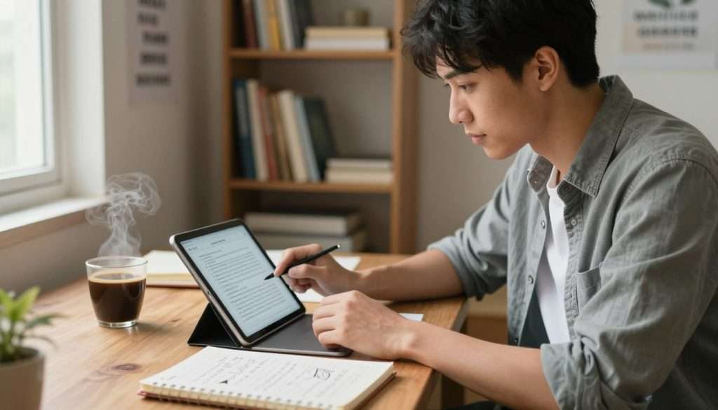 A self-learner sitting at a wooden desk in a cozy, warmly lit study, reviewing feedback on a digital tablet. In the foreground, a notebook filled with handwritten notes and sketches lies open next to the tablet, with a coffee mug emitting steam. In the middle ground, a motivated learner, a young adult in a casual yet professional outfit, is focused on the screen, exuding determination. The background features a bookshelf lined with educational resources and a motivational poster about growth and learning. Soft, natural light streams in through a window, creating a welcoming atmosphere that inspires reflection and growth. The overall mood is one of ambition and self-improvement, emphasizing the journey of acquiring knowledge through feedback and corrections.