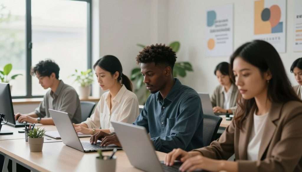 A serene and focused office space bathed in soft, natural light filtering through large windows. In the foreground, a diverse group of professionals – a middle-aged Asian woman, a young Black man, and a Hispanic woman – are deeply engrossed in their work at sleek, minimalist desks. Each individual has a focused expression, showcasing their deep concentration. In the middle ground, motivational posters with abstract designs and productivity quotes hang on the walls, enhancing the environment. The background features lush green plants, adding a touch of nature to the scene. The composition uses a shallow depth of field to emphasize the professionals, creating an intimate and motivating atmosphere that embodies laser-sharp focus amidst a modern, distraction-free workspace. A serene and focused office space bathed in soft, natural light filtering through large windows. In the foreground, a diverse group of professionals – a middle-aged Asian woman, a young Black man, and a Hispanic woman – are deeply engrossed in their work at sleek, minimalist desks. Each individual has a focused expression, showcasing their deep concentration. In the middle ground, motivational posters with abstract designs and productivity quotes hang on the walls, enhancing the environment. The background features lush green plants, adding a touch of nature to the scene. The composition uses a shallow depth of field to emphasize the professionals, creating an intimate and motivating atmosphere that embodies laser-sharp focus amidst a modern, distraction-free workspace.
