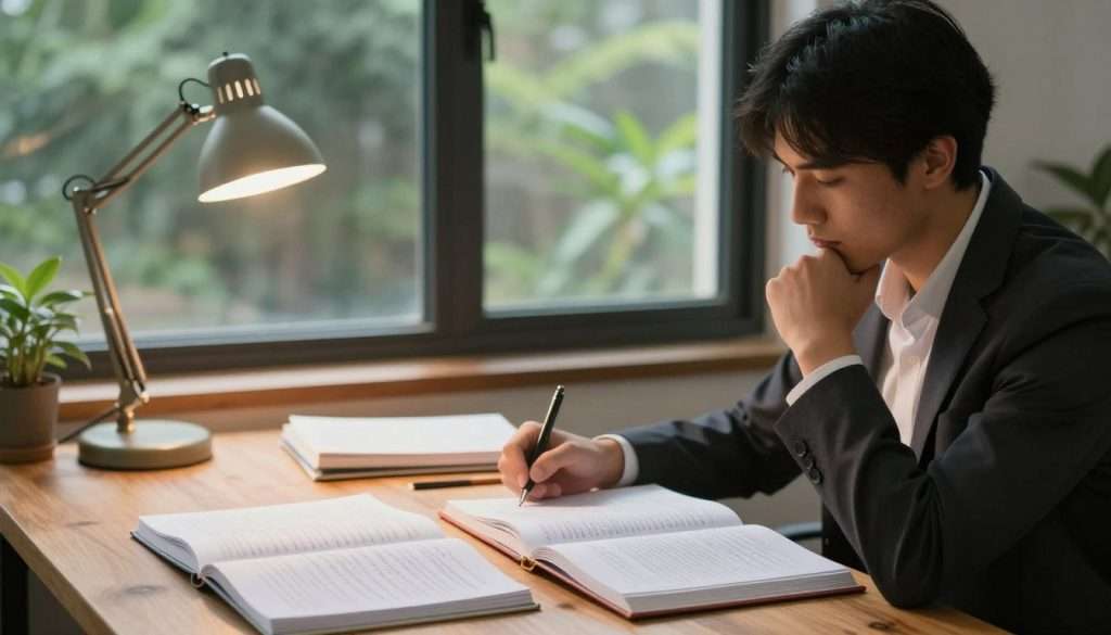 A serene and focused workspace illustrating metacognition, featuring a thoughtful person sitting at a wooden desk, surrounded by open books and notebooks filled with notes. In the foreground, the individual, a young adult in professional business attire, is deep in thought, with a hand resting on their chin, reflecting on their learning process. The middle layer captures a subtle light source emanating from a desk lamp, casting a warm glow that highlights the pages of the books. In the background, a large window reveals a calm nature scene with greenery, suggesting external inspiration. The mood is introspective and proactive, symbolizing the importance of building sustainable metacognitive habits for effective learning, with a soft focus to enhance the atmosphere of contemplation and growth.