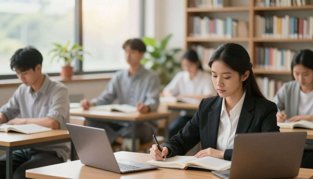 A serene and inspiring study environment, featuring a diverse group of students deeply engaged in learning. In the foreground, a young woman in professional attire takes notes while sitting at a wooden desk with open books and a laptop, her expression focused and relaxed. In the middle ground, another student practices mindfulness with a meditation posture, surrounded by plants that symbolize tranquility. The background showcases a softly lit library filled with shelves of colorful books and warm sunlight streaming through large windows, creating an inviting atmosphere. The overall mood is calm and conducive to learning, highlighting the importance of sleep, stress management, and attention in maximizing learning potential. The scene is captured with a soft focus and a gentle depth of field, enhancing the sense of serenity and focus. A serene and inspiring study environment, featuring a diverse group of students deeply engaged in learning. In the foreground, a young woman in professional attire takes notes while sitting at a wooden desk with open books and a laptop, her expression focused and relaxed. In the middle ground, another student practices mindfulness with a meditation posture, surrounded by plants that symbolize tranquility. The background showcases a softly lit library filled with shelves of colorful books and warm sunlight streaming through large windows, creating an inviting atmosphere. The overall mood is calm and conducive to learning, highlighting the importance of sleep, stress management, and attention in maximizing learning potential. The scene is captured with a soft focus and a gentle depth of field, enhancing the sense of serenity and focus.