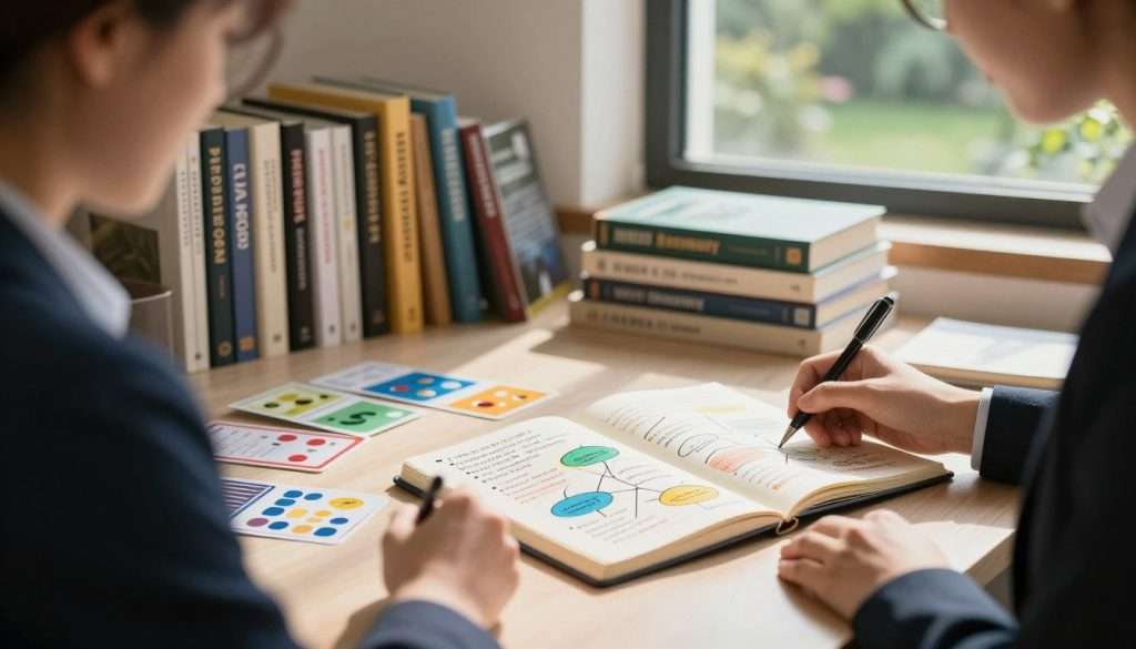 A serene and inspiring workspace bathed in soft, natural light, featuring an open notebook with colorful mind maps and bullet points that symbolize various memory techniques. In the foreground, a focused individual, dressed in professional business attire, is practicing memory recall techniques, using flashcards and visual aids scattered around them. In the middle, shelves filled with books on memory enhancement and cognitive science line the wall, exuding a sense of intellectual curiosity. The background subtly displays a window with a view of a tranquil garden, the greenery hinting at the importance of a calming environment for effective learning. The atmosphere is peaceful yet vibrant, encouraging creativity and concentration, with soft shadows casting an inviting mood throughout the scene. A serene and inspiring workspace bathed in soft, natural light, featuring an open notebook with colorful mind maps and bullet points that symbolize various memory techniques. In the foreground, a focused individual, dressed in professional business attire, is practicing memory recall techniques, using flashcards and visual aids scattered around them. In the middle, shelves filled with books on memory enhancement and cognitive science line the wall, exuding a sense of intellectual curiosity. The background subtly displays a window with a view of a tranquil garden, the greenery hinting at the importance of a calming environment for effective learning. The atmosphere is peaceful yet vibrant, encouraging creativity and concentration, with soft shadows casting an inviting mood throughout the scene.