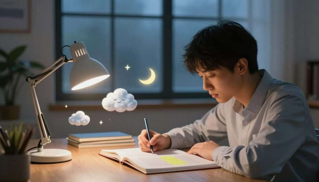 A serene and inviting study environment showcasing the benefits of sleep on learning and academic performance. In the foreground, a student with a focused expression, wearing professional casual attire, is reviewing notes by a softly glowing desk lamp. The middle ground features an open book with highlighted passages, while sleep-related elements like dreamy cloud motifs and symbols of restful sleep – such as a peaceful moon and stars – float gently around. In the background, a large window reveals a tranquil night sky, illuminated by a soft, warm light that suggests nighttime study potential. The overall atmosphere is calm and inspiring, promoting a sense of peace and concentration, enhancing the importance of restorative sleep for effective learning. A serene and inviting study environment showcasing the benefits of sleep on learning and academic performance. In the foreground, a student with a focused expression, wearing professional casual attire, is reviewing notes by a softly glowing desk lamp. The middle ground features an open book with highlighted passages, while sleep-related elements like dreamy cloud motifs and symbols of restful sleep – such as a peaceful moon and stars – float gently around. In the background, a large window reveals a tranquil night sky, illuminated by a soft, warm light that suggests nighttime study potential. The overall atmosphere is calm and inspiring, promoting a sense of peace and concentration, enhancing the importance of restorative sleep for effective learning.