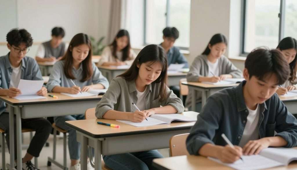 A serene classroom scene on exam day. In the foreground, a diverse group of students, casually dressed in smart attire, are focused on their papers, with a mix of expressions ranging from concentration to calm determination. One student is writing confidently while another glances at their notes. In the middle, desks are arranged neatly, adorned with stationery items like pens and highlighters. The background reveals large windows allowing soft, natural light to pour in, illuminating the space and creating a warm atmosphere. The mood is tranquil yet purposeful, conveying a sense of preparedness and focus as the students engage with their exams, emphasizing a supportive environment free from anxiety. Soft lighting creates gentle shadows, enhancing the inviting feel of this crucial day. A serene classroom scene on exam day. In the foreground, a diverse group of students, casually dressed in smart attire, are focused on their papers, with a mix of expressions ranging from concentration to calm determination. One student is writing confidently while another glances at their notes. In the middle, desks are arranged neatly, adorned with stationery items like pens and highlighters. The background reveals large windows allowing soft, natural light to pour in, illuminating the space and creating a warm atmosphere. The mood is tranquil yet purposeful, conveying a sense of preparedness and focus as the students engage with their exams, emphasizing a supportive environment free from anxiety. Soft lighting creates gentle shadows, enhancing the inviting feel of this crucial day.