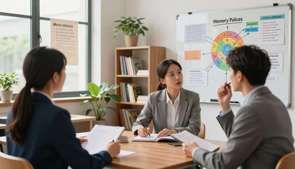 A serene classroom setting filled with vibrant visual aids showcasing various memory techniques. In the foreground, a diverse group of three professionals dressed in smart casual attire is actively engaging in a collaborative discussion. One individual is pointing at a colorful mind map on a whiteboard, illustrating mnemonic devices. The second person is writing notes on a notepad, while the third is visualizing concepts in their mind with an expressive gesture. In the middle ground, shelves lined with educational books and posters illustrate memory palaces and spaced repetition strategies. Soft natural light streams through a window, creating a warm, focused atmosphere. The background features calming green plants, emphasizing a tranquil learning environment that promotes effective memorization techniques. A serene classroom setting filled with vibrant visual aids showcasing various memory techniques. In the foreground, a diverse group of three professionals dressed in smart casual attire is actively engaging in a collaborative discussion. One individual is pointing at a colorful mind map on a whiteboard, illustrating mnemonic devices. The second person is writing notes on a notepad, while the third is visualizing concepts in their mind with an expressive gesture. In the middle ground, shelves lined with educational books and posters illustrate memory palaces and spaced repetition strategies. Soft natural light streams through a window, creating a warm, focused atmosphere. The background features calming green plants, emphasizing a tranquil learning environment that promotes effective memorization techniques.
