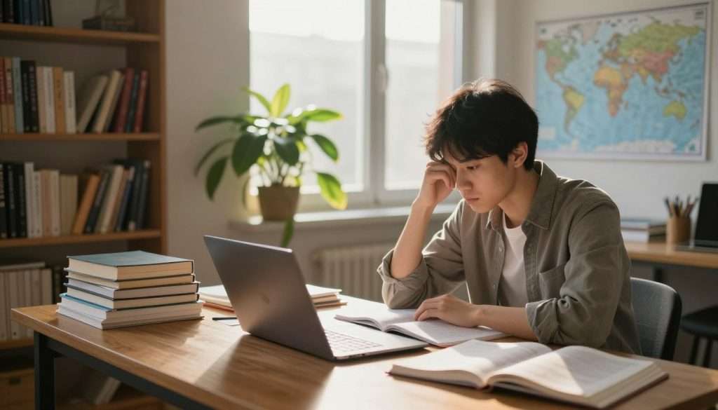 A serene early morning study scene in a cozy, well-lit room. In the foreground, a focused student in professional casual attire sits at a wooden desk, surrounded by open textbooks, a laptop, and scattered notes, signifying an intense study session. The middle layer features a large window letting in soft, golden sunlight, illuminating a green indoor plant and creating gentle shadows on the creased study materials. In the background, shelves filled with books and a world map pinned on the wall reflect the atmosphere of scholarly pursuit. The overall mood is calm yet slightly tense, highlighting the limitations of morning studying with hints of fatigue on the student's face. The shot is taken from a slightly elevated angle to capture the entire scene cohesively, focusing on the intimate environment conducive to learning. A serene early morning study scene in a cozy, well-lit room. In the foreground, a focused student in professional casual attire sits at a wooden desk, surrounded by open textbooks, a laptop, and scattered notes, signifying an intense study session. The middle layer features a large window letting in soft, golden sunlight, illuminating a green indoor plant and creating gentle shadows on the creased study materials. In the background, shelves filled with books and a world map pinned on the wall reflect the atmosphere of scholarly pursuit. The overall mood is calm yet slightly tense, highlighting the limitations of morning studying with hints of fatigue on the student's face. The shot is taken from a slightly elevated angle to capture the entire scene cohesively, focusing on the intimate environment conducive to learning.
