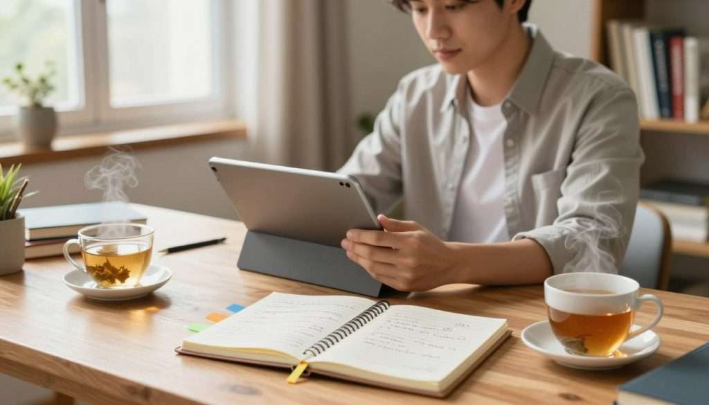 A serene home office setting with a young professional sitting at a wooden desk, thoughtfully engaged in cognitive enhancement strategies. In the foreground, a neatly organized workspace featuring a notebook filled with handwritten notes, colorful sticky tabs, and a steaming cup of herbal tea, signifying concentration and mindfulness. In the middle, the individual, dressed in business casual attire, is utilizing a tablet to research various thinking techniques, a focused expression on their face. Soft, natural light filters through a window, casting a warm glow across the room. In the background, a bookshelf filled with books on psychology and self-improvement, adding depth. The overall atmosphere is calm and inspiring, encouraging a routine of daily mental exercise. A serene home office setting with a young professional sitting at a wooden desk, thoughtfully engaged in cognitive enhancement strategies. In the foreground, a neatly organized workspace featuring a notebook filled with handwritten notes, colorful sticky tabs, and a steaming cup of herbal tea, signifying concentration and mindfulness. In the middle, the individual, dressed in business casual attire, is utilizing a tablet to research various thinking techniques, a focused expression on their face. Soft, natural light filters through a window, casting a warm glow across the room. In the background, a bookshelf filled with books on psychology and self-improvement, adding depth. The overall atmosphere is calm and inspiring, encouraging a routine of daily mental exercise.