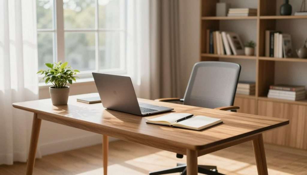 A serene home office workspace designed for optimal focus, featuring a sleek wooden desk with a minimalist design. In the foreground, a well-organized workspace displays a closed laptop, a potted plant, and a journal with a pen, symbolizing productivity and mindfulness. In the middle ground, a comfortable ergonomic chair faces a large window, allowing natural light to flood the room, creating a warm and inviting atmosphere. Sunlight filters through sheer curtains, casting soft shadows on the hardwood floor. In the background, bookshelves filled with neatly arranged books and a few decorative items add visual interest without cluttering the space. The overall mood is tranquil and inspiring, conveying a sense of peace crucial for minimizing distractions and enhancing concentration. A serene home office workspace designed for optimal focus, featuring a sleek wooden desk with a minimalist design. In the foreground, a well-organized workspace displays a closed laptop, a potted plant, and a journal with a pen, symbolizing productivity and mindfulness. In the middle ground, a comfortable ergonomic chair faces a large window, allowing natural light to flood the room, creating a warm and inviting atmosphere. Sunlight filters through sheer curtains, casting soft shadows on the hardwood floor. In the background, bookshelves filled with neatly arranged books and a few decorative items add visual interest without cluttering the space. The overall mood is tranquil and inspiring, conveying a sense of peace crucial for minimizing distractions and enhancing concentration.