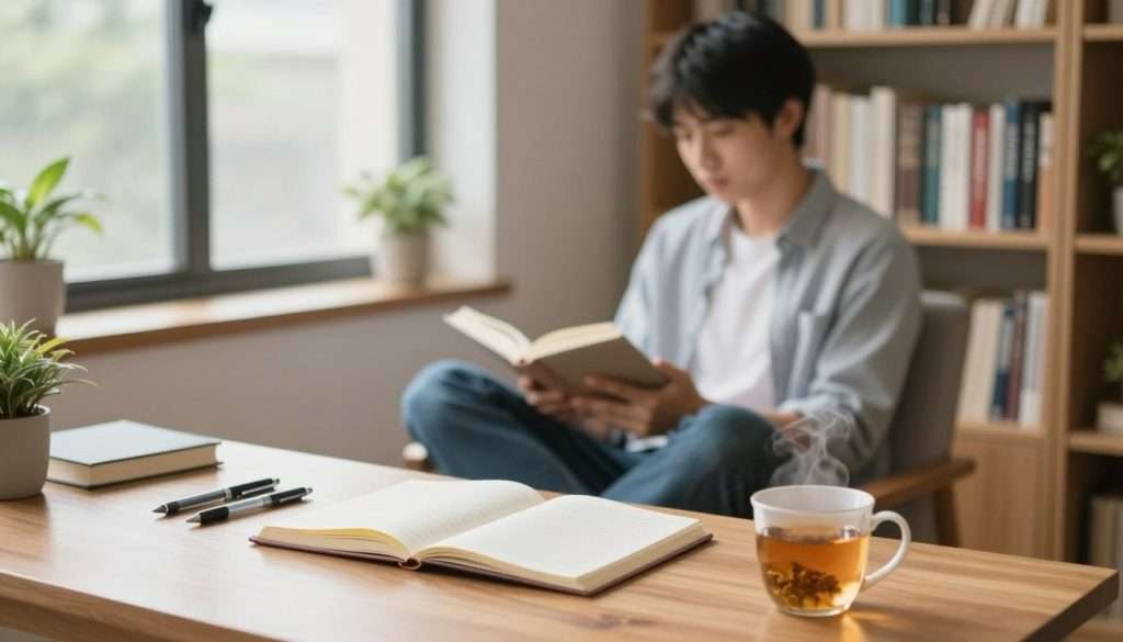A serene indoor study space designed for maximum focus. In the foreground, a well-organized wooden desk holds an open notebook, neatly arranged pens, and a steaming mug of herbal tea. In the middle, a student sits cross-legged on a comfortable chair, dressed in casual yet professional attire, attentively reading a book. Soft, natural light filters in through a large window, creating a warm and inviting atmosphere. The background features a bookshelf filled with neatly arranged books and green plants that add a calming touch. The soft focus on the edges draws the viewer's attention to the diligent student, embodying concentration and productivity, all while evoking a peaceful sense of study environment. The overall mood is tranquil and inspiring, perfect for fostering a dedicated study routine. A serene indoor study space designed for maximum focus. In the foreground, a well-organized wooden desk holds an open notebook, neatly arranged pens, and a steaming mug of herbal tea. In the middle, a student sits cross-legged on a comfortable chair, dressed in casual yet professional attire, attentively reading a book. Soft, natural light filters in through a large window, creating a warm and inviting atmosphere. The background features a bookshelf filled with neatly arranged books and green plants that add a calming touch. The soft focus on the edges draws the viewer's attention to the diligent student, embodying concentration and productivity, all while evoking a peaceful sense of study environment. The overall mood is tranquil and inspiring, perfect for fostering a dedicated study routine.