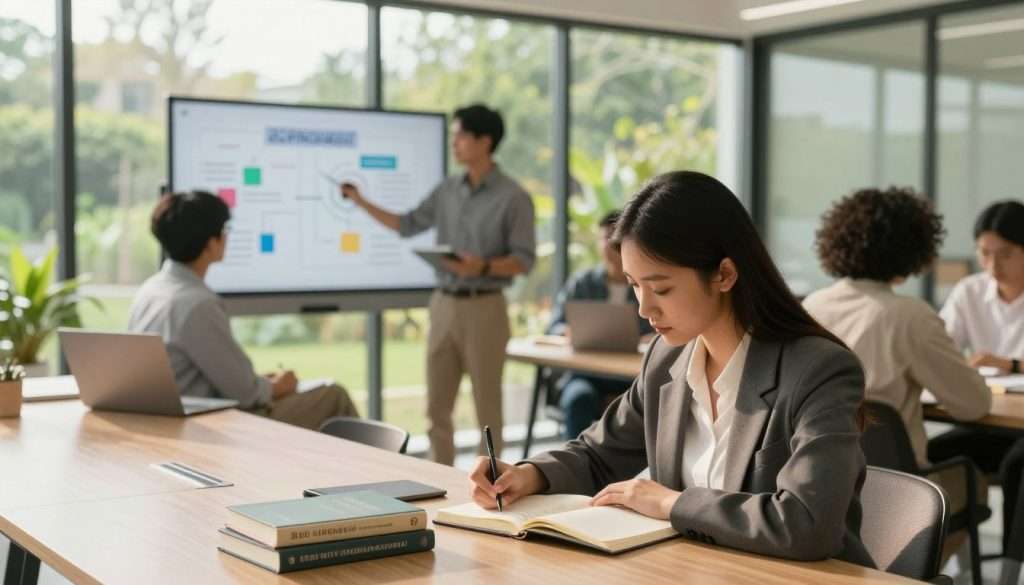 A serene modern workspace featuring a diverse group of individuals engaged in collaborative learning. In the foreground, a young woman, dressed in smart casual attire, is focused on writing notes in her journal, surrounded by a few books on self-improvement. The middle ground showcases two colleagues, one teaching the other with an interactive whiteboard displaying colorful charts and concepts related to skill development. In the background, large windows bathe the scene in warm, natural light, highlighting a lush green outdoor landscape, symbolizing growth and vitality. The overall mood is one of motivation and focus, with an atmosphere of dedication to lifelong learning, emphasizing a commitment to personal and professional growth. The angle captures the workspace from a slightly elevated view, creating depth and inviting the viewer into the scene. A serene modern workspace featuring a diverse group of individuals engaged in collaborative learning. In the foreground, a young woman, dressed in smart casual attire, is focused on writing notes in her journal, surrounded by a few books on self-improvement. The middle ground showcases two colleagues, one teaching the other with an interactive whiteboard displaying colorful charts and concepts related to skill development. In the background, large windows bathe the scene in warm, natural light, highlighting a lush green outdoor landscape, symbolizing growth and vitality. The overall mood is one of motivation and focus, with an atmosphere of dedication to lifelong learning, emphasizing a commitment to personal and professional growth. The angle captures the workspace from a slightly elevated view, creating depth and inviting the viewer into the scene.