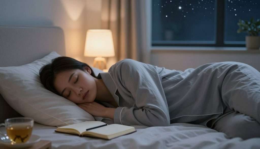 A serene nighttime bedroom scene that emphasizes the connection between sleep quality and cognitive function. In the foreground, a calm individual, dressed in cozy yet professional loungewear, peacefully sleeping on a neatly made bed, with soft, fluffy pillows. The middle ground features a soft, warm glow emanating from a bedside lamp, illuminating calming elements like a journal and a cup of herbal tea, symbolizing relaxation and mindfulness. In the background, a window showcases a starry night sky, hinting at the importance of sleep for mental clarity and memory. The overall mood is tranquil and introspective, with gentle lighting to evoke a sense of peace and health. Use a soft focus lens to create a dreamy atmosphere. A serene nighttime bedroom scene that emphasizes the connection between sleep quality and cognitive function. In the foreground, a calm individual, dressed in cozy yet professional loungewear, peacefully sleeping on a neatly made bed, with soft, fluffy pillows. The middle ground features a soft, warm glow emanating from a bedside lamp, illuminating calming elements like a journal and a cup of herbal tea, symbolizing relaxation and mindfulness. In the background, a window showcases a starry night sky, hinting at the importance of sleep for mental clarity and memory. The overall mood is tranquil and introspective, with gentle lighting to evoke a sense of peace and health. Use a soft focus lens to create a dreamy atmosphere.
