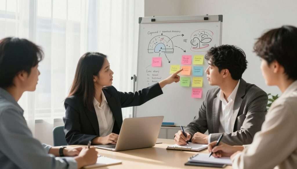 A serene office environment serves as the backdrop, filled with natural light filtering through sheer curtains. In the foreground, a diverse group of two professionals—one woman and one man—are seated at a round table, deeply engaged in discussion. The woman, dressed in smart business attire, is pointing at a set of colorful sticky notes illustrating memory tips and techniques. The man, casually yet professionally dressed, is taking notes on a notepad, looking intrigued. In the middle ground, a whiteboard displays hand-drawn diagrams of cognitive exercises and strategies for improving working memory. The atmosphere is collaborative and encouraging, with a warm color palette that inspires focus and motivation. Soft shadows enhance the depth, as a narrow depth of field draws attention to the brainstorming session, creating a mood of productivity and creativity. A serene office environment serves as the backdrop, filled with natural light filtering through sheer curtains. In the foreground, a diverse group of two professionals—one woman and one man—are seated at a round table, deeply engaged in discussion. The woman, dressed in smart business attire, is pointing at a set of colorful sticky notes illustrating memory tips and techniques. The man, casually yet professionally dressed, is taking notes on a notepad, looking intrigued. In the middle ground, a whiteboard displays hand-drawn diagrams of cognitive exercises and strategies for improving working memory. The atmosphere is collaborative and encouraging, with a warm color palette that inspires focus and motivation. Soft shadows enhance the depth, as a narrow depth of field draws attention to the brainstorming session, creating a mood of productivity and creativity.