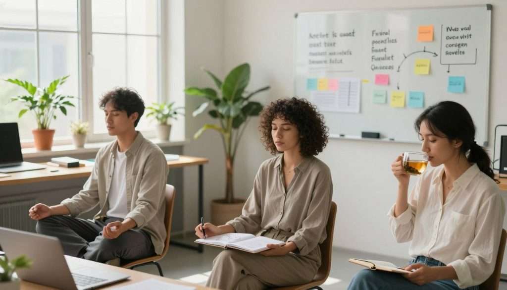A serene office environment with a focus on productivity. In the foreground, a diverse group of three professionals, all dressed in modest business attire, are engaged in a mindful moment; one person is meditating in a chair, while another is sketching notes on a notepad, and the third is sipping herbal tea. In the middle ground, a large window allows soft, natural sunlight to filter in, illuminating houseplants on a minimalist desk, which creates an inviting atmosphere. The background features a whiteboard filled with motivational quotes and colorful diagrams aimed at enhancing focus. The overall mood is calm and inspiring, encouraging a sense of recovery and renewed concentration. The image should be captured from a slightly elevated angle to emphasize the workspace and its tranquil yet productive vibe.