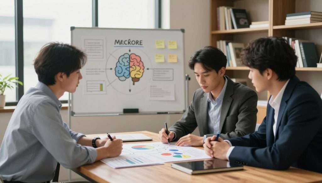A serene office environment with a large wooden table in the foreground, where a diverse group of three professionals—two men and one woman—are engaged in a thoughtful discussion over a decision analysis chart filled with colorful graphs and mental models. The individuals are dressed in professional business attire, conveying seriousness and focus. In the middle ground, a whiteboard covered with diagrams and post-it notes illustrates various mental models. Soft, natural light filters through large windows, creating a warm and inviting atmosphere. The background features bookshelves lined with business books, adding depth to the scene. The overall mood is collaborative and insightful, encouraging thoughtful decision-making. A serene office environment with a large wooden table in the foreground, where a diverse group of three professionals—two men and one woman—are engaged in a thoughtful discussion over a decision analysis chart filled with colorful graphs and mental models. The individuals are dressed in professional business attire, conveying seriousness and focus. In the middle ground, a whiteboard covered with diagrams and post-it notes illustrates various mental models. Soft, natural light filters through large windows, creating a warm and inviting atmosphere. The background features bookshelves lined with business books, adding depth to the scene. The overall mood is collaborative and insightful, encouraging thoughtful decision-making.