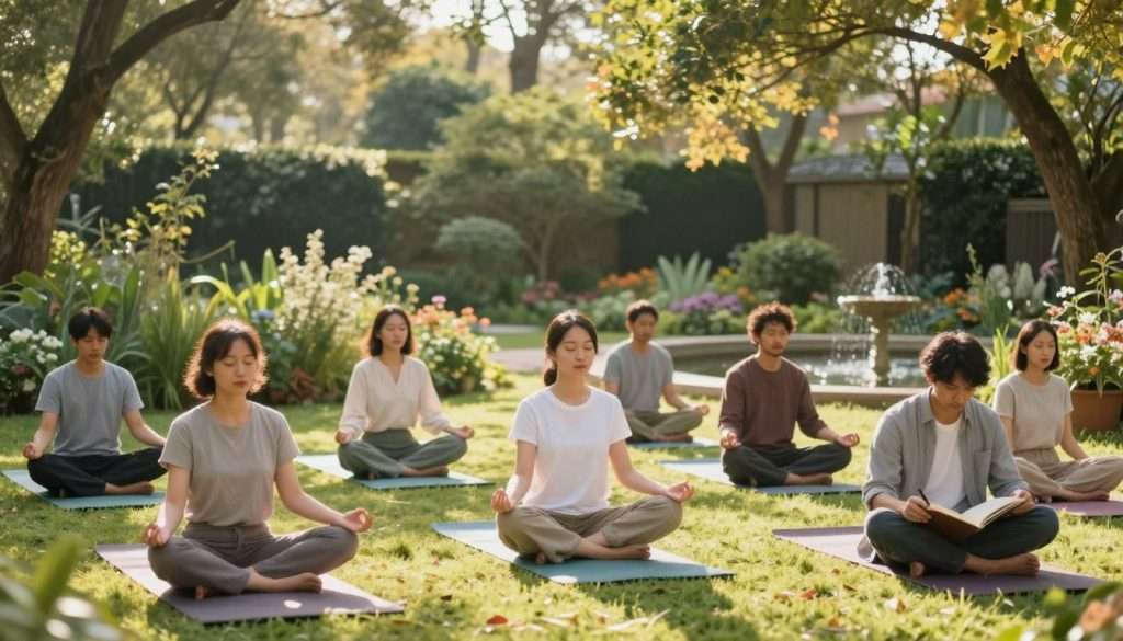 A serene scene depicting mindfulness practices to enhance mental clarity. In the foreground, a diverse group of individuals, dressed in modest casual clothing, engaged in various mindfulness activities: one practicing yoga on a mat, another meditating with closed eyes, and a third journaling with thoughtful expression. The middle ground features a tranquil garden with soft greenery, gentle flowers, and a small water fountain creating a soothing ambiance. In the background, tall trees filter warm sunlight, casting dappled shadows. The atmosphere is peaceful and inviting, exuding tranquility and focus. Use soft, natural lighting to enhance the calm mood, with a wide-angle lens to capture the expansive serenity of the setting. A serene scene depicting mindfulness practices to enhance mental clarity. In the foreground, a diverse group of individuals, dressed in modest casual clothing, engaged in various mindfulness activities: one practicing yoga on a mat, another meditating with closed eyes, and a third journaling with thoughtful expression. The middle ground features a tranquil garden with soft greenery, gentle flowers, and a small water fountain creating a soothing ambiance. In the background, tall trees filter warm sunlight, casting dappled shadows. The atmosphere is peaceful and inviting, exuding tranquility and focus. Use soft, natural lighting to enhance the calm mood, with a wide-angle lens to capture the expansive serenity of the setting.