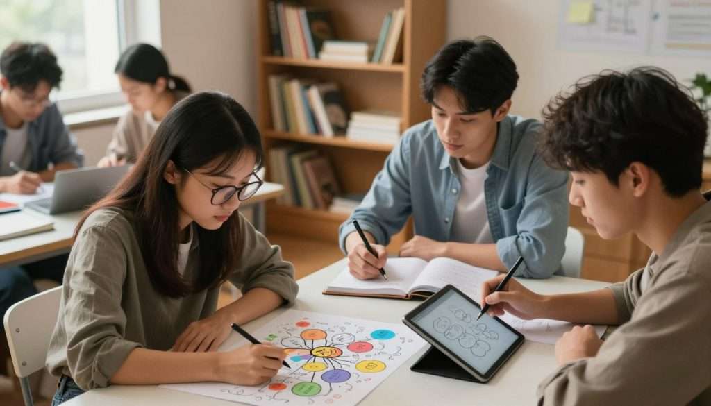 A serene study environment depicting a diverse group of four students engaged in various cognitive learning strategies. In the foreground, a young woman with glasses sits at a desk, intensely focused on a colorful mind map filled with diagrams and keywords. To her right, a young man takes notes while actively discussing with a fellow student, who is sketching notes on a tablet. In the background, a cozy bookshelf filled with books and educational resources softly illuminated by warm, natural lighting from a nearby window. The atmosphere is calm and inspiring, emphasizing collaboration and concentration. Use a slightly elevated angle to capture the dynamic interactions, enhancing the sense of teamwork and effective study habits. A serene study environment depicting a diverse group of four students engaged in various cognitive learning strategies. In the foreground, a young woman with glasses sits at a desk, intensely focused on a colorful mind map filled with diagrams and keywords. To her right, a young man takes notes while actively discussing with a fellow student, who is sketching notes on a tablet. In the background, a cozy bookshelf filled with books and educational resources softly illuminated by warm, natural lighting from a nearby window. The atmosphere is calm and inspiring, emphasizing collaboration and concentration. Use a slightly elevated angle to capture the dynamic interactions, enhancing the sense of teamwork and effective study habits.