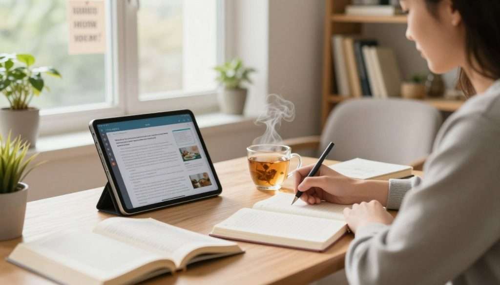A serene study environment designed to enhance concentration, featuring a well-organized desk with open books, a digital tablet displaying educational content, and a steaming cup of herbal tea. In the foreground, a focused person in smart casual attire is jotting down notes with a pen, indicating active engagement with the material. The middle ground shows a large window allowing warm, natural light to flood in, illuminating plants and motivational posters. In the background, shelves filled with neatly arranged books and an inviting, cozy armchair create an atmosphere of calm and productivity. The overall mood is peaceful and inspiring, reflecting determination and a proactive approach to learning. Soft focus on edges to center attention on the subject's concentration.