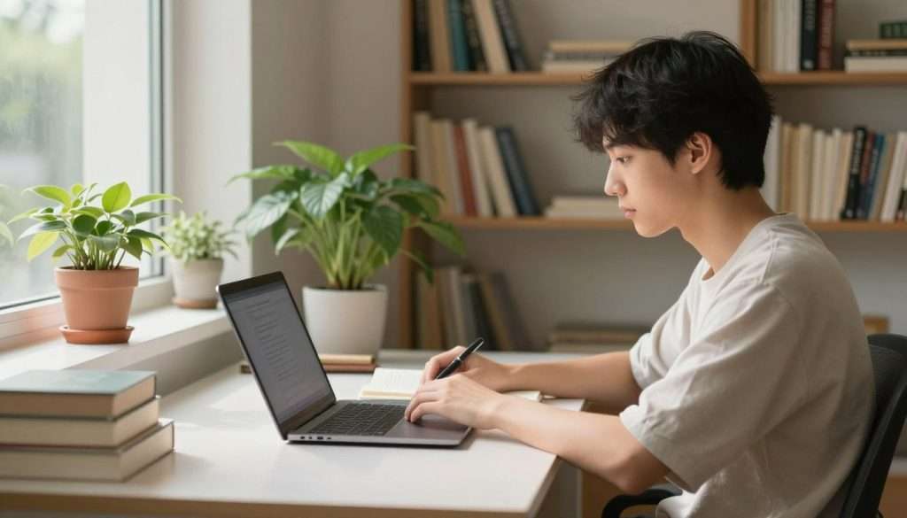 A serene study environment designed to enhance concentration. In the foreground, a focused student, dressed in modest casual clothing, sits at a sleek desk with an open laptop and textbooks. Soft natural light filters through a nearby window, creating a warm and inviting atmosphere. The middle ground features a few potted plants, adding greenery and vitality to the space. In the background, shelves lined with books and motivational quotes are softly blurred, emphasizing the notion of deep work. The overall composition conveys a sense of calm and productivity, reflecting the importance of gradual focus-building without the risk of burnout. The scene captures an inspirational and contemplative mood, perfect for promoting effective learning.