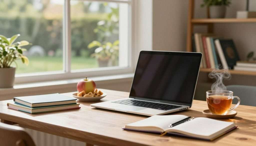 A serene study environment emphasizing focus and productivity. In the foreground, a stylish wooden desk with a sleek laptop open, surrounded by study materials like colorful notebooks and a closed planner. A healthy snack, like an apple, rests beside a steaming cup of herbal tea, symbolizing a smart break. In the middle ground, a window reveals a tranquil garden with soft sunlight streaming in, creating a warm and inviting atmosphere. The background features shelves filled with books and indoor plants, adding a touch of greenery. The overall mood is calming and inspiring, encouraging concentration and clarity. The lighting is natural and soft, highlighting the peacefulness of the space. The image captures the essence of effective study breaks that enhance focus and productivity. A serene study environment emphasizing focus and productivity. In the foreground, a stylish wooden desk with a sleek laptop open, surrounded by study materials like colorful notebooks and a closed planner. A healthy snack, like an apple, rests beside a steaming cup of herbal tea, symbolizing a smart break. In the middle ground, a window reveals a tranquil garden with soft sunlight streaming in, creating a warm and inviting atmosphere. The background features shelves filled with books and indoor plants, adding a touch of greenery. The overall mood is calming and inspiring, encouraging concentration and clarity. The lighting is natural and soft, highlighting the peacefulness of the space. The image captures the essence of effective study breaks that enhance focus and productivity.