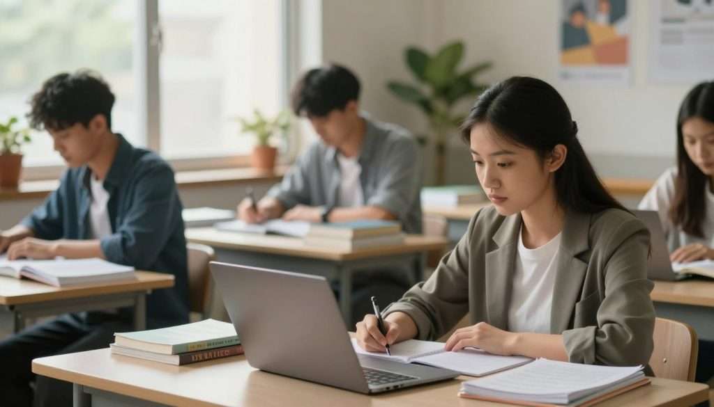 A serene study environment featuring a diverse group of students deeply focused on their work. In the foreground, a young woman in professional casual attire is seated at a modern desk, surrounded by notebooks, pens, and a laptop glowing softly. Her expression reflects intense concentration. In the middle ground, a window allows warm, natural light to filter in, highlighting a slightly messy yet organized study area. A focused young man, also in professional casual clothing, is leaning over a table filled with textbooks and study materials, embodying determination. The background could include plants and inspiring posters to create an uplifting atmosphere. The overall mood is calm and productive, designed to evoke a sense of enhanced focus and concentration. Use a shallow depth of field for a soft background blur that emphasizes the students' engagement with their work.