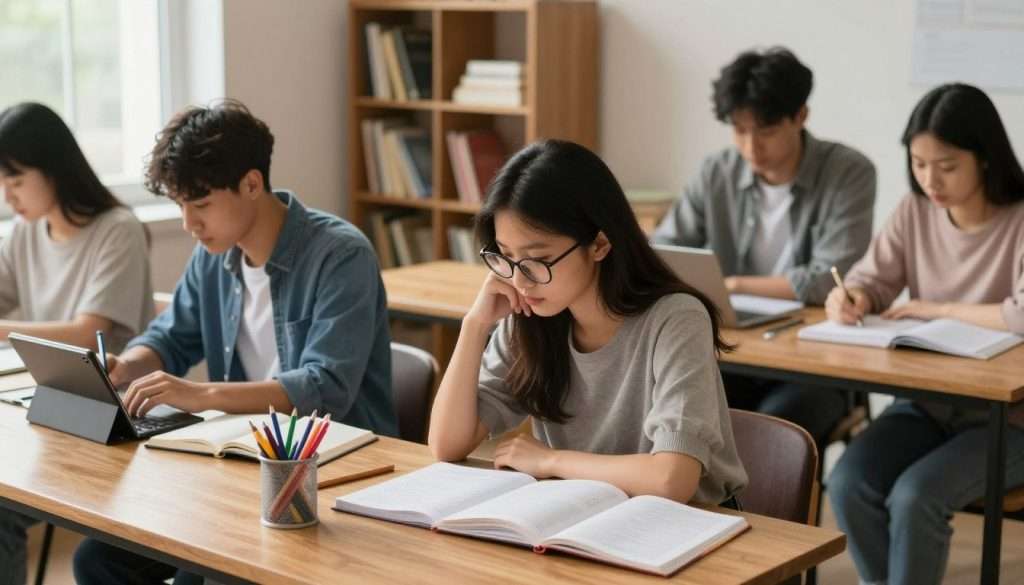 A serene study environment featuring a diverse group of students engaged in focused learning. In the foreground, a thoughtful young woman with glasses sits at a wooden desk, surrounded by open notebooks and colorful stationery, deeply immersed in her studies. Beside her, a young man takes notes on a tablet. In the middle ground, an organized bookshelf filled with various academic texts and inspirational quotes adds depth. The background consists of a cozy room with soft natural light streaming in through a large window, illuminating the space and creating a warm, inviting atmosphere. The overall mood is one of productivity and motivation, emphasizing the importance of creating effective study routines for consistent learning. The composition is shot from a slightly elevated angle to capture the collaborative spirit of the students. A serene study environment featuring a diverse group of students engaged in focused learning. In the foreground, a thoughtful young woman with glasses sits at a wooden desk, surrounded by open notebooks and colorful stationery, deeply immersed in her studies. Beside her, a young man takes notes on a tablet. In the middle ground, an organized bookshelf filled with various academic texts and inspirational quotes adds depth. The background consists of a cozy room with soft natural light streaming in through a large window, illuminating the space and creating a warm, inviting atmosphere. The overall mood is one of productivity and motivation, emphasizing the importance of creating effective study routines for consistent learning. The composition is shot from a slightly elevated angle to capture the collaborative spirit of the students.