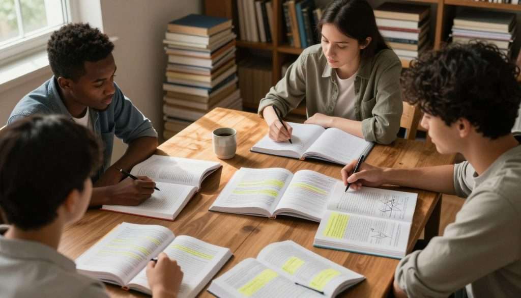 A serene study environment featuring a diverse group of three individuals, two men and one woman, sitting around a large wooden table immersed in their textbooks. The foreground shows vibrant open textbooks with highlighted sections and sticky notes. In the middle ground, the participants are depicted actively discussing key concepts, surrounded by notebooks filled with organized notes and diagrams. Soft, warm lighting flows through a nearby window, casting gentle shadows that create a cozy atmosphere. The background includes bookshelves stacked with various academic texts, enhancing the scholarly feel. The scene conveys focus and collaboration, emphasizing the importance of retaining key information for long-term success. The composition is taken with a slightly elevated angle, capturing the energy and engagement of the group.