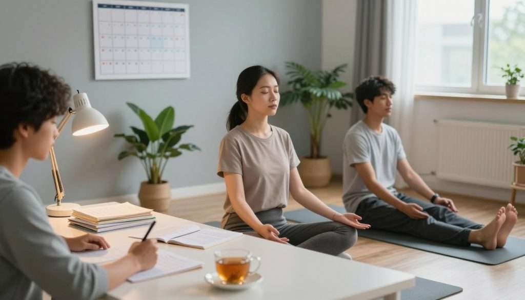 A serene study environment featuring a diverse group of three students: one studying at a desk with notes and textbooks, another practicing mindfulness with closed eyes and deep breathing, and the third taking a short break stretching on a yoga mat. In the foreground, a desk lamp casts warm light over neatly organized study materials and a calming cup of herbal tea. In the middle ground, indoor plants add a touch of nature, while a calendar on the wall highlights balanced study schedules. The background features softly painted walls and natural light streaming through a window, emphasizing tranquility. The overall atmosphere conveys a sense of calm, focus, and effective stress management, evoking a mood of productivity and clarity. A serene study environment featuring a diverse group of three students: one studying at a desk with notes and textbooks, another practicing mindfulness with closed eyes and deep breathing, and the third taking a short break stretching on a yoga mat. In the foreground, a desk lamp casts warm light over neatly organized study materials and a calming cup of herbal tea. In the middle ground, indoor plants add a touch of nature, while a calendar on the wall highlights balanced study schedules. The background features softly painted walls and natural light streaming through a window, emphasizing tranquility. The overall atmosphere conveys a sense of calm, focus, and effective stress management, evoking a mood of productivity and clarity.