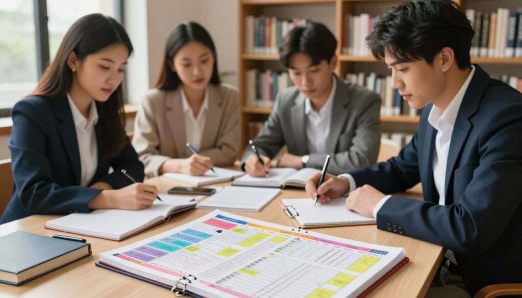A serene study environment featuring a diverse group of three students, two women and one man, dressed in professional business attire. They are intently working together at a table, surrounded by neatly organized notebooks, planners, and study materials. In the foreground, a close-up of a colorful weekly planner filled with structured study schedules. The middle ground showcases the students engaged in discussion and collaboration, highlighting a sense of teamwork and focus. The background includes a cozy library setting, with warm, natural lighting filtering through large windows, casting soft shadows. The atmosphere is calm and productive, inspiring long-term progress and effective study habits. The composition is shot with a slight depth of field, ensuring the focus remains on the students and their materials. A serene study environment featuring a diverse group of three students, two women and one man, dressed in professional business attire. They are intently working together at a table, surrounded by neatly organized notebooks, planners, and study materials. In the foreground, a close-up of a colorful weekly planner filled with structured study schedules. The middle ground showcases the students engaged in discussion and collaboration, highlighting a sense of teamwork and focus. The background includes a cozy library setting, with warm, natural lighting filtering through large windows, casting soft shadows. The atmosphere is calm and productive, inspiring long-term progress and effective study habits. The composition is shot with a slight depth of field, ensuring the focus remains on the students and their materials.